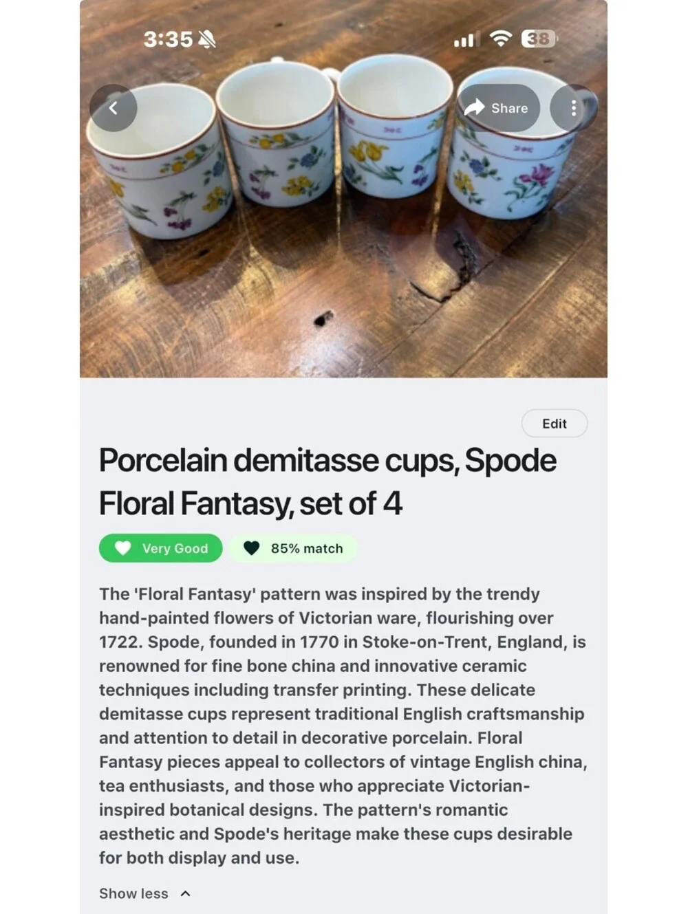 Set of 4 Spode Floral Fantasy Porcelain Demitasse Cups